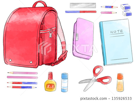 手繪水彩風格的紅色書包和文具套裝插圖 135926533