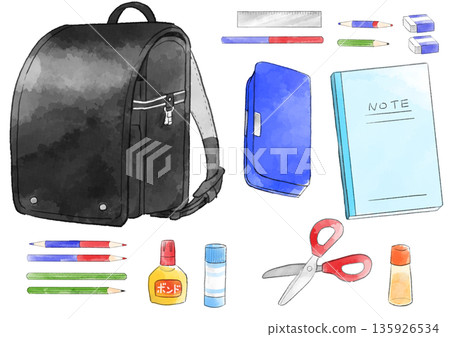 手繪水彩風格的黑色書包和文具套裝插圖 135926534