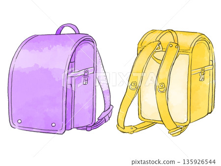 紫色和黃色書包插圖，手繪水彩風格 135926544