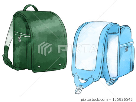 Illustration of a green and light blue school bag, hand-drawn, watercolor style Illustration of a green and light blue school bag, hand-drawn, watercolor style 135926545