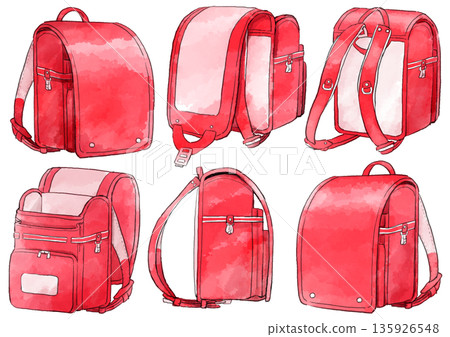 手繪水彩風格的紅色書包插圖 135926548
