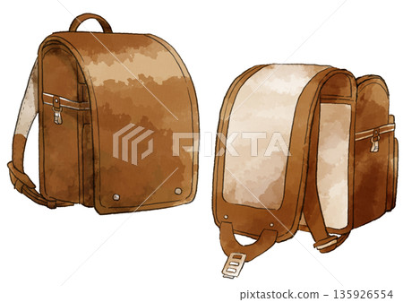 Brown school bag illustration, hand-drawn, watercolor style 135926554
