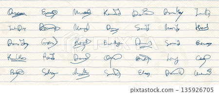 Unreadable vector handrwritten signatures on lined paper, sample autographs for sample certificates, templates and document Unreadable vector handrwritten signatures on lined paper, sample autographs for sample certificates, templates and document 135926705
