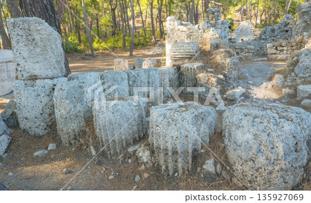 The ruins of the ancient city of Phaselis in Lycia in modern Turkey. The remains of the columns and the capital The ruins of the ancient city of Phaselis in Lycia in modern Turkey. The remains of the columns and the capital 135927069