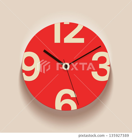 Simple red clock in flat style, with arrow and big numbers. Watch on gray background. Business time. Vector design element for you project Simple red clock in flat style, with arrow and big numbers. Watch on gray background. Business time. Vector design element for you project 135927389