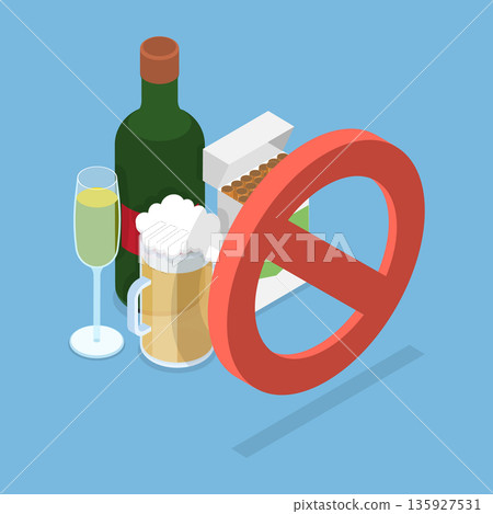 3D Isometric Flat Vector Illustration of Alcohol Ban, Promoting Cessation Of Smoking And Drinking Alcohol Habits 3D Isometric Flat Vector Illustration of Alcohol Ban, Promoting Cessation Of Smoking And Drinking Alcohol Habits 135927531