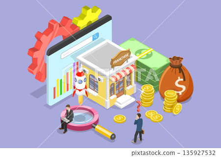 3D Isometric Flat Vector Illustration of Franchise Store, Small Business Expansion For Retail Or Services 3D Isometric Flat Vector Illustration of Franchise Store, Small Business Expansion For Retail Or Services 135927532