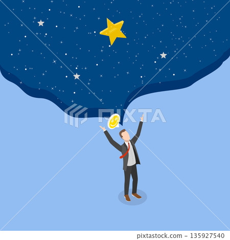 3D Isometric Flat Vector Illustration of Dream Big, Man Standing With Arms Outstretched Under Vast Open Space 135927540