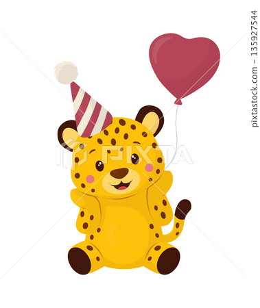 Adorable baby leopard character wearing a party hat and holding a heart balloon. Cute cheerful flat vector illustration isolated on white background, perfect for kids birthday invitations, greeting Adorable baby leopard character wearing a party hat and holding a heart balloon. Cute cheerful flat vector illustration isolated on white background, perfect for kids birthday invitations, greeting 135927544