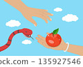 3D Isometric Flat Vector Illustration of Forbidden Fruit, Adam and Eve, Eve Offering Apple To Adam 135927546