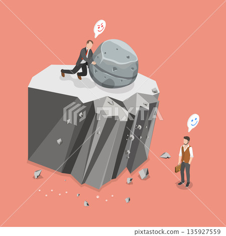 3D Isometric Flat Vector Illustration of Sabotage, Businessman Using Rock To Eliminate Competitor In Business Feud 3D Isometric Flat Vector Illustration of Sabotage, Businessman Using Rock To Eliminate Competitor In Business Feud 135927559