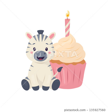 A cute baby zebra sits next to a pink birthday cupcake with a candle. This flat vector illustration features delicate pastel colors and soft shadows. Suitable for children's cards, invitations A cute baby zebra sits next to a pink birthday cupcake with a candle. This flat vector illustration features delicate pastel colors and soft shadows. Suitable for children's cards, invitations 135927560