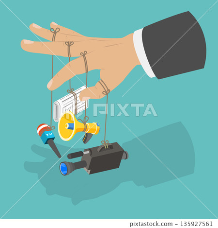 3D Isometric Flat Vector Illustration of Fake And Disinformation, Businessman Arm Manipulating Media 135927561