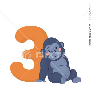 A cute baby gorilla sits next to a large number three. Flat vector illustration. This friendly animal character is perfect for first birthday party designs, early development visuals, nursery decor A cute baby gorilla sits next to a large number three. Flat vector illustration. This friendly animal character is perfect for first birthday party designs, early development visuals, nursery decor 135927566