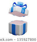 Empty white gift box with an open lid, decorated with a blue ribbon and bow. 135927800