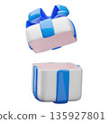 3D realistic open white gift box with blue bow, vector festive surprise box with flying lid, present package unpacking 135927801