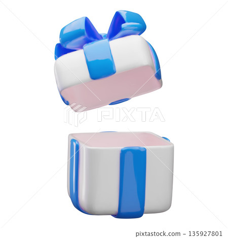 3D realistic open white gift box with blue bow, vector festive surprise box with flying lid, present package unpacking 135927801