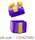 3D open blue gift box with yellow ribbon bow, vector festive surprise box with flying lid, present package unpacking 135927802