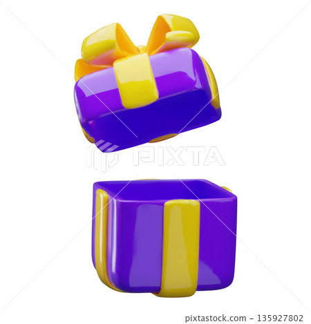 3D open blue gift box with yellow ribbon bow, vector festive surprise box with flying lid, present package unpacking 3D open blue gift box with yellow ribbon bow, vector festive surprise box with flying lid, present package unpacking 135927802