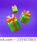 3D green gift boxes with orange bows, falling, various shapes and sides. 135927803