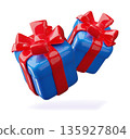 3D two blue gift boxes with red ribbon bow floating in air vector illustration, realistic festive surprise present fly 135927804