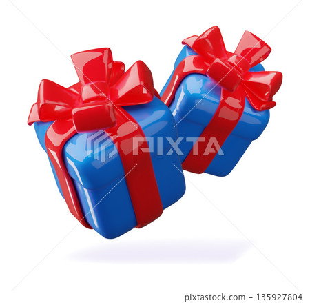 3D two blue gift boxes with red ribbon bow floating in air vector illustration, realistic festive surprise present fly 135927804