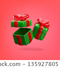 Green 3D gift boxes with red bows and open and closed lids falling on a pink background. 135927805
