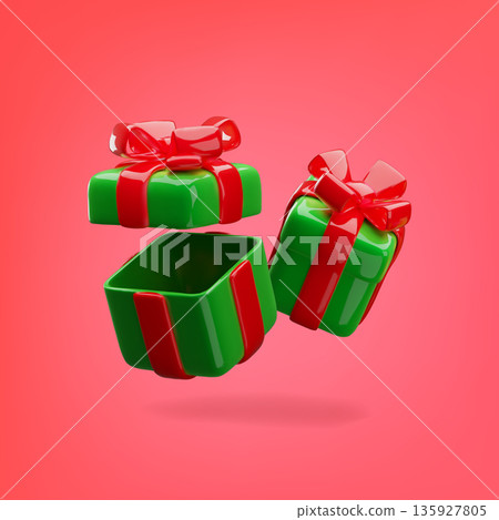 Green 3D gift boxes with red bows and open and closed lids falling on a pink background. Green 3D gift boxes with red bows and open and closed lids falling on a pink background. 135927805