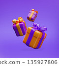 Falling 3D gift boxes of various shapes, tied with a ribbon and bow, in orange and purple. 135927806