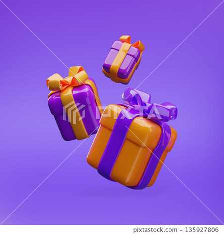 Falling 3D gift boxes of various shapes, tied with a ribbon and bow, in orange and purple. 135927806
