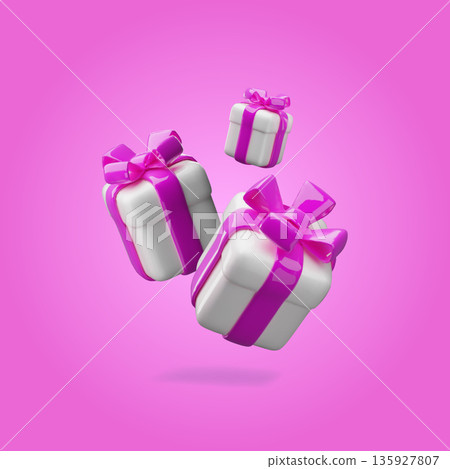 3D realistic three white gift boxes with pink ribbon bow floating in the air, romantic vector design on pink background 3D realistic three white gift boxes with pink ribbon bow floating in the air, romantic vector design on pink background 135927807