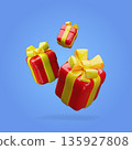 3D realistic gift boxes floating in the air, three red surprise boxes with yellow bow vector design on blue background 135927808