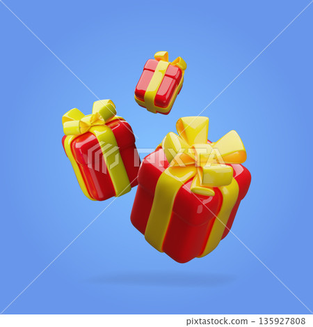 3D realistic gift boxes floating in the air, three red surprise boxes with yellow bow vector design on blue background 135927808