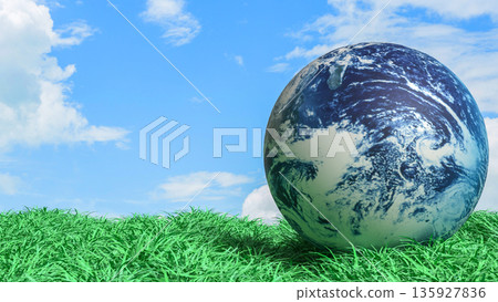 Planet Earth on Green Grass Under Blue Sky Concept 3d render. Planet Earth on Green Grass Under Blue Sky Concept 3d render. 135927836