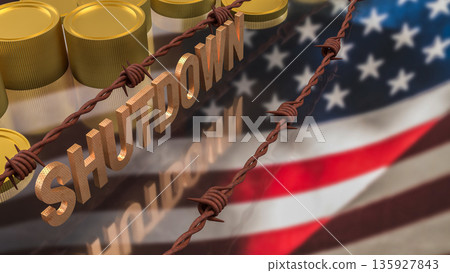 Government Shutdown Concept with Barbed Wire and United States Flag 3d render. 135927843