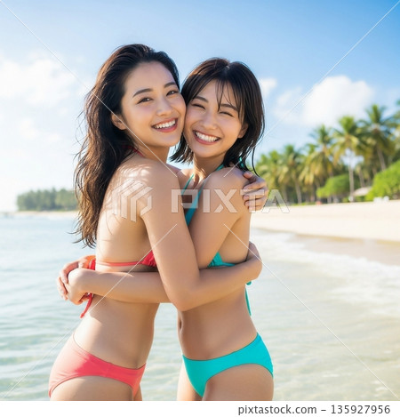 Two young Japanese women in bikinis smiling and hugging on the beach 135927956
