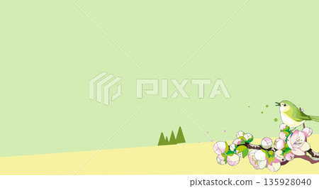 Japanese-style vector background material (with margins) featuring plum blossoms and Japanese white-eyes heralding the arrival of spring 135928040