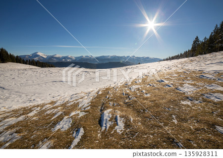 Winter landscape panorama with snowy landscape hills, distant white mountains, dark forest and clear blue sky with bright sun. Winter landscape panorama with snowy landscape hills, distant white mountains, dark forest and clear blue sky with bright sun. 135928311