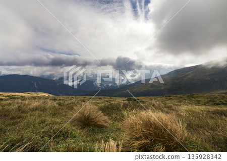 Green mountains panoramic view on blue sky with white clouds copy space background on bright sunny day. Tourism and traveling concept. 135928342