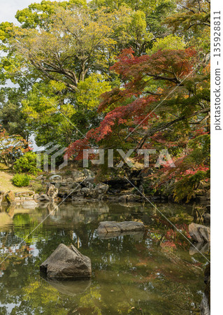 Flower pond and autumn leaves in the Japanese garden of Korakuen, Kita-ku, Okayama City, Okayama Prefecture, Japan 135928811