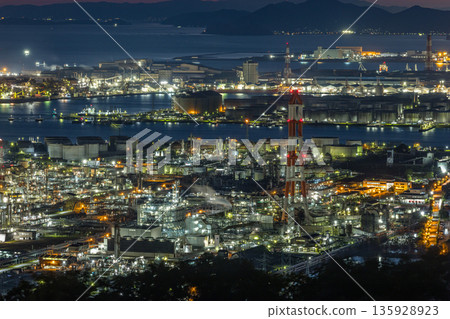 Night view of the Mizushima Industrial Complex from the Mizushima Observatory on the Washuyama Skyline in Kurashiki, Okayama Prefecture, Japan Night view of the Mizushima Industrial Complex from the Mizushima Observatory on the Washuyama Skyline in Kurashiki, Okayama Prefecture, Japan 135928923