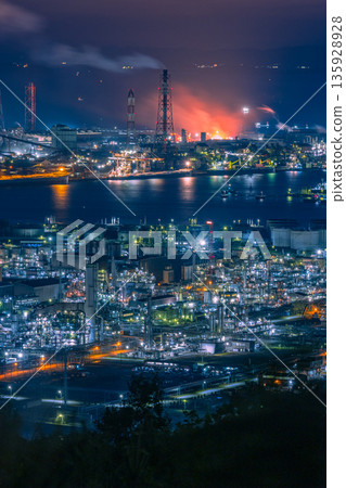 Night view of the Mizushima Industrial Complex from the Mizushima Observatory on the Washuyama Skyline in Kurashiki, Okayama Prefecture, Japan Night view of the Mizushima Industrial Complex from the Mizushima Observatory on the Washuyama Skyline in Kurashiki, Okayama Prefecture, Japan 135928928