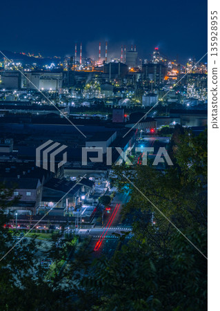 Night view of the Mizushima Industrial Complex from Kamejimayama Flower and Green Hill Park, Kurashiki City, Okayama Prefecture, Japan Night view of the Mizushima Industrial Complex from Kamejimayama Flower and Green Hill Park, Kurashiki City, Okayama Prefecture, Japan 135928955