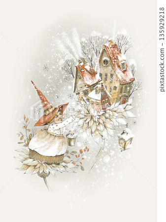 Whimsical Witch in Snowy Village Illustration Whimsical Witch in Snowy Village Illustration 135929218