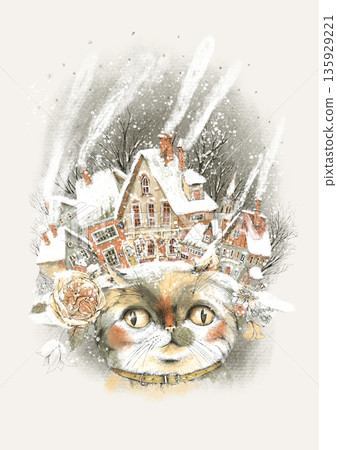 Whimsical Cat With Snowy Village on Head Whimsical Cat With Snowy Village on Head 135929221