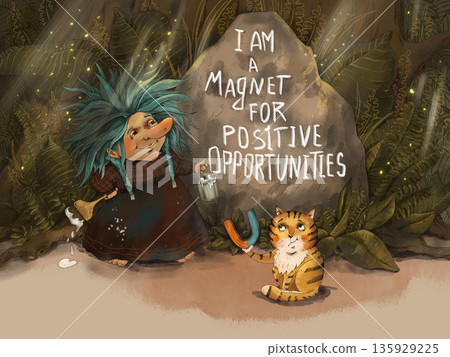 Illustration of Witch and Cat with Positive Opportunities 135929225