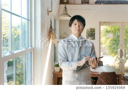 A man wearing work clothes A man wearing work clothes 135929369