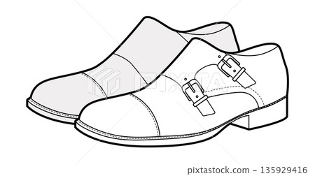 Monkstrap mens double buckle sketch pair. Twin strap leather footwear modern formal smart casual style. Technical  135929416