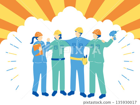Blue-collar workers with their arms around each other's shoulders 135930017