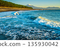 Waves crashing on Miho no Matsubara and Mount Fuji in the distance 135930042